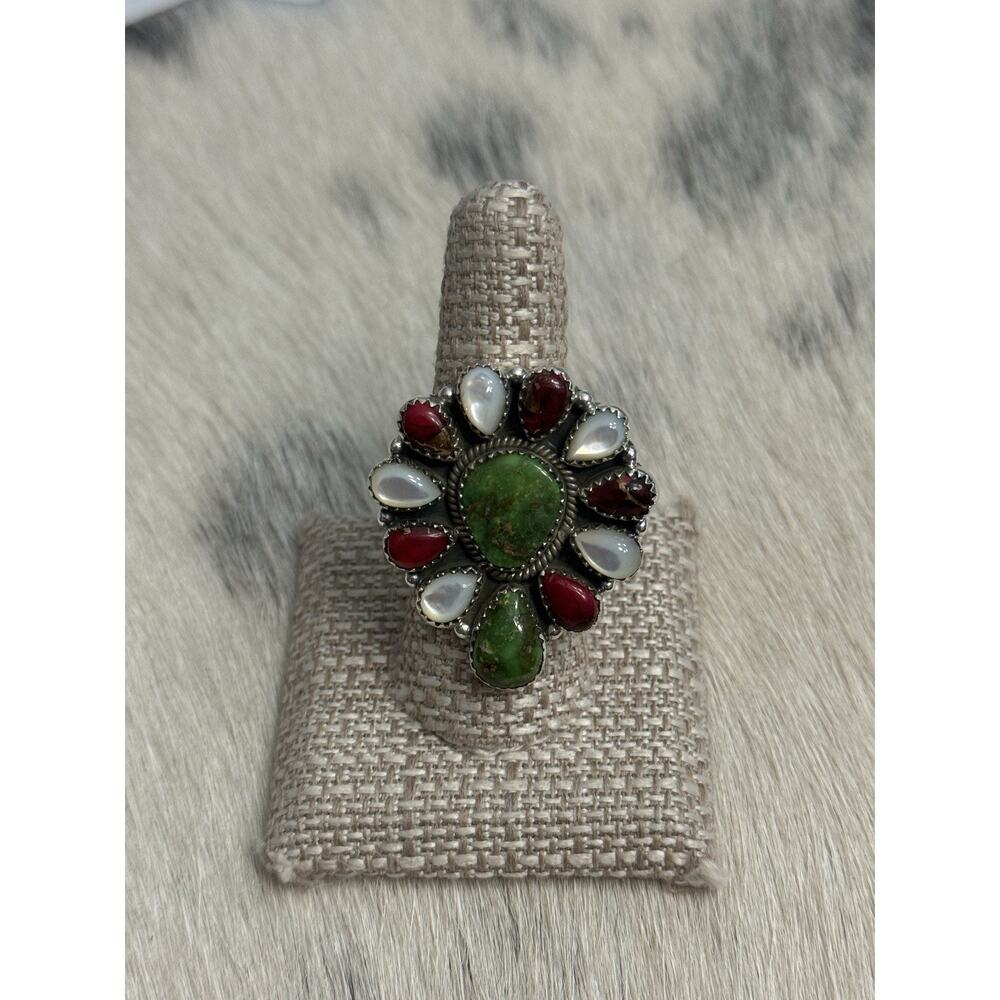 Sterling Silver Sonoran Gold Turquoise Red Dahlia MOP Huge Cluster Ring Adjust - Picture 3 of 14